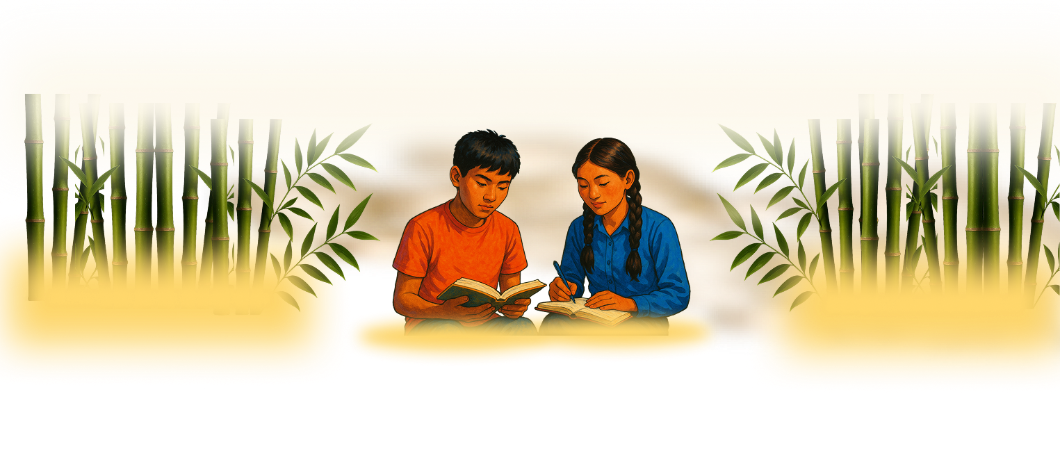 Children reading with bamboo